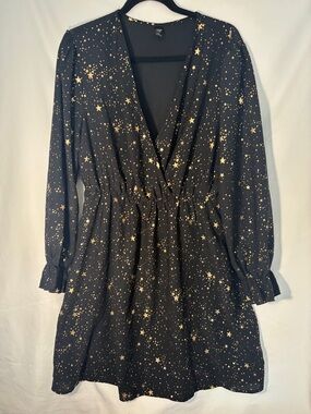 SHEIN Black Long-Sleeve Star Print Wrap Dress